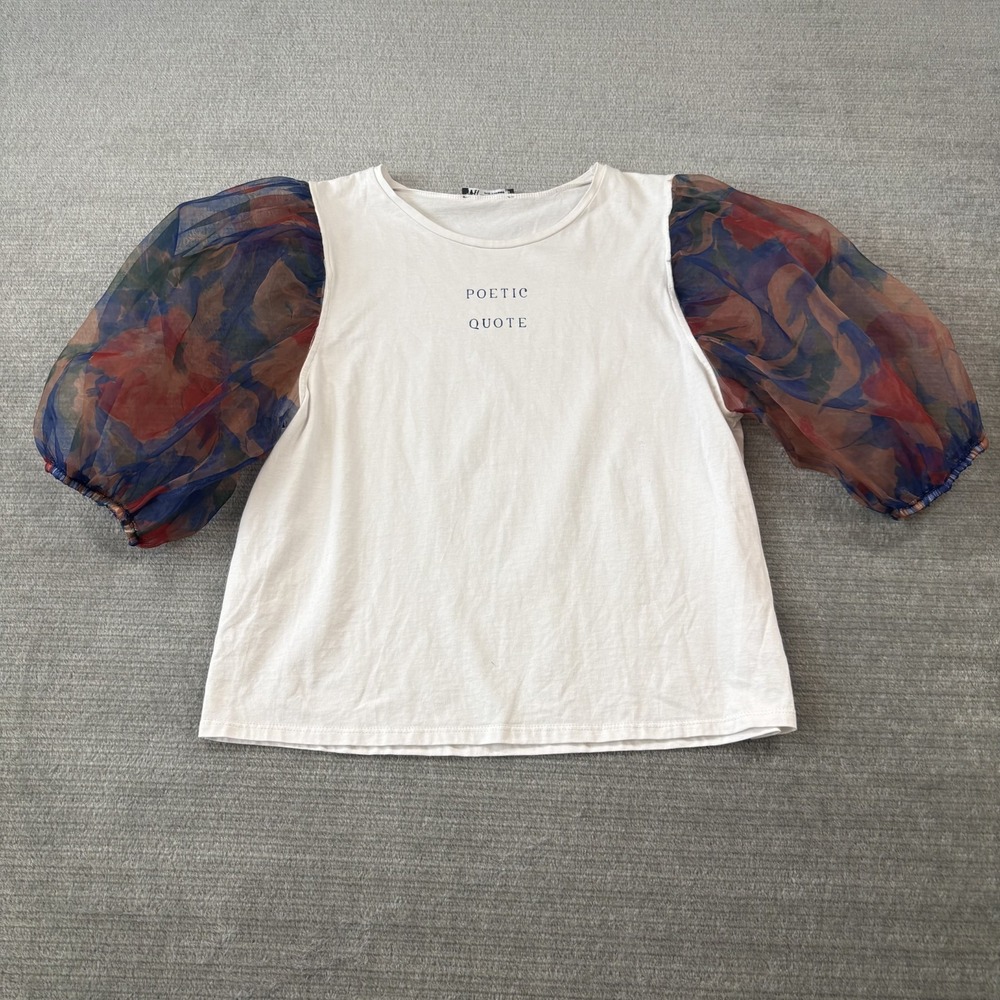 Zara Top Women's Size L Poetic Quote Sheer Puff Sleeve Fairy Femme Romance